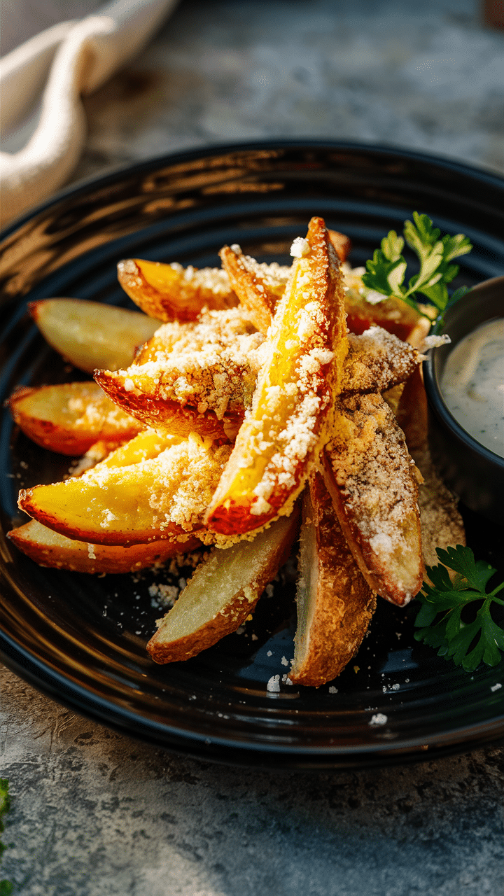 Frites rustiques avec parmesan sur assiette noire.