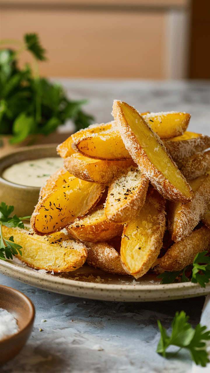 Frites de pommes de terre croustillantes avec sauce aux herbes.