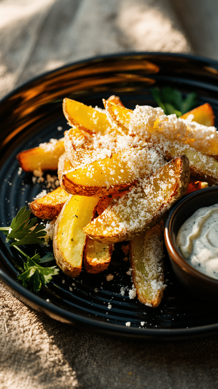 Pommes de terre rôties, parmesan et sauce.