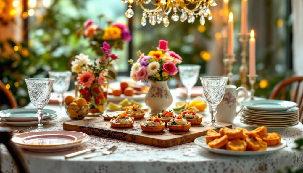 Table élégante avec fleurs et apéritifs colorés.