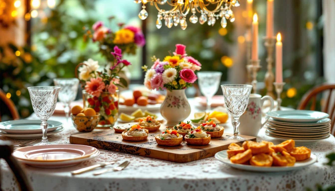 Table élégante avec fleurs et apéritifs colorés.