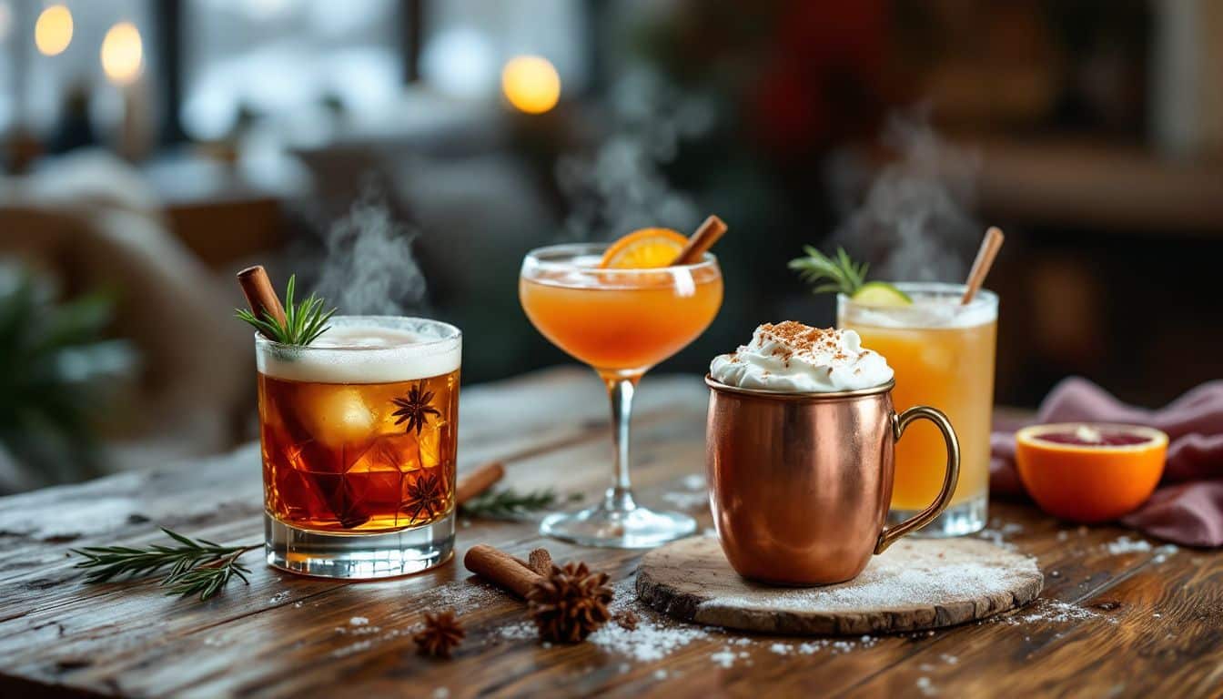 Quatre boissons d'hiver épicées sur une table
