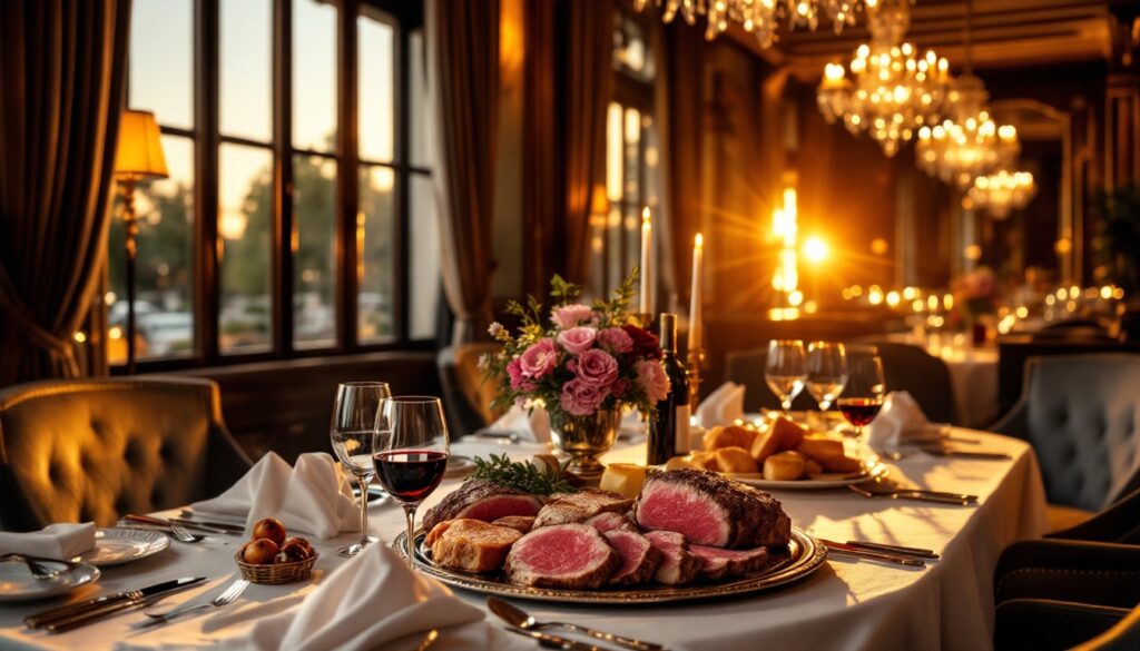 Dîner élégant avec viande et vin.