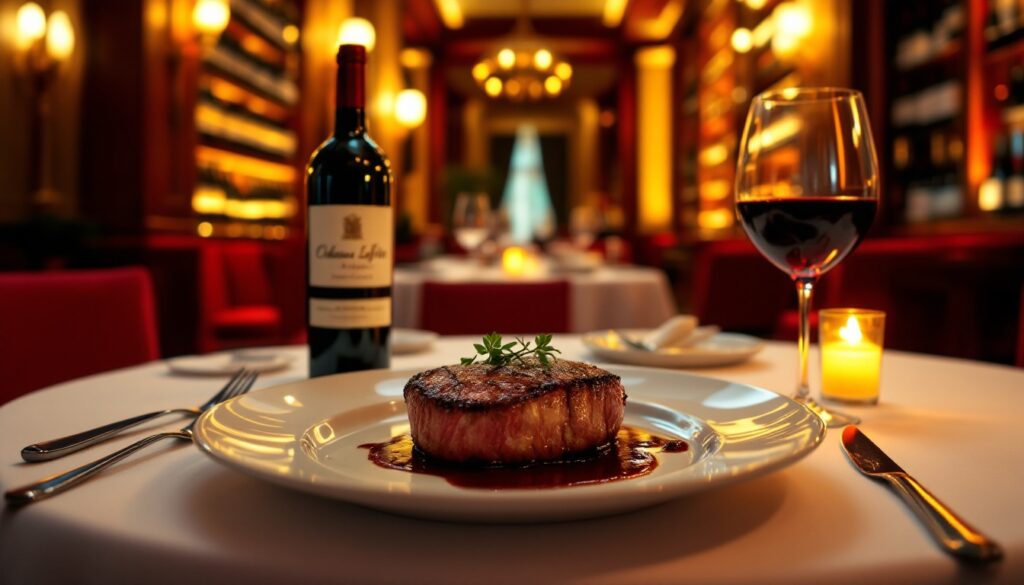 Dîner romantique : steak et vin rouge.