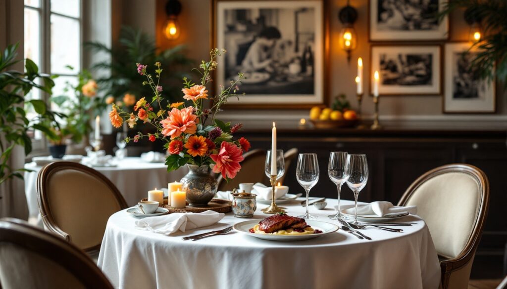 Table élégante avec fleurs et bougies dans restaurant.