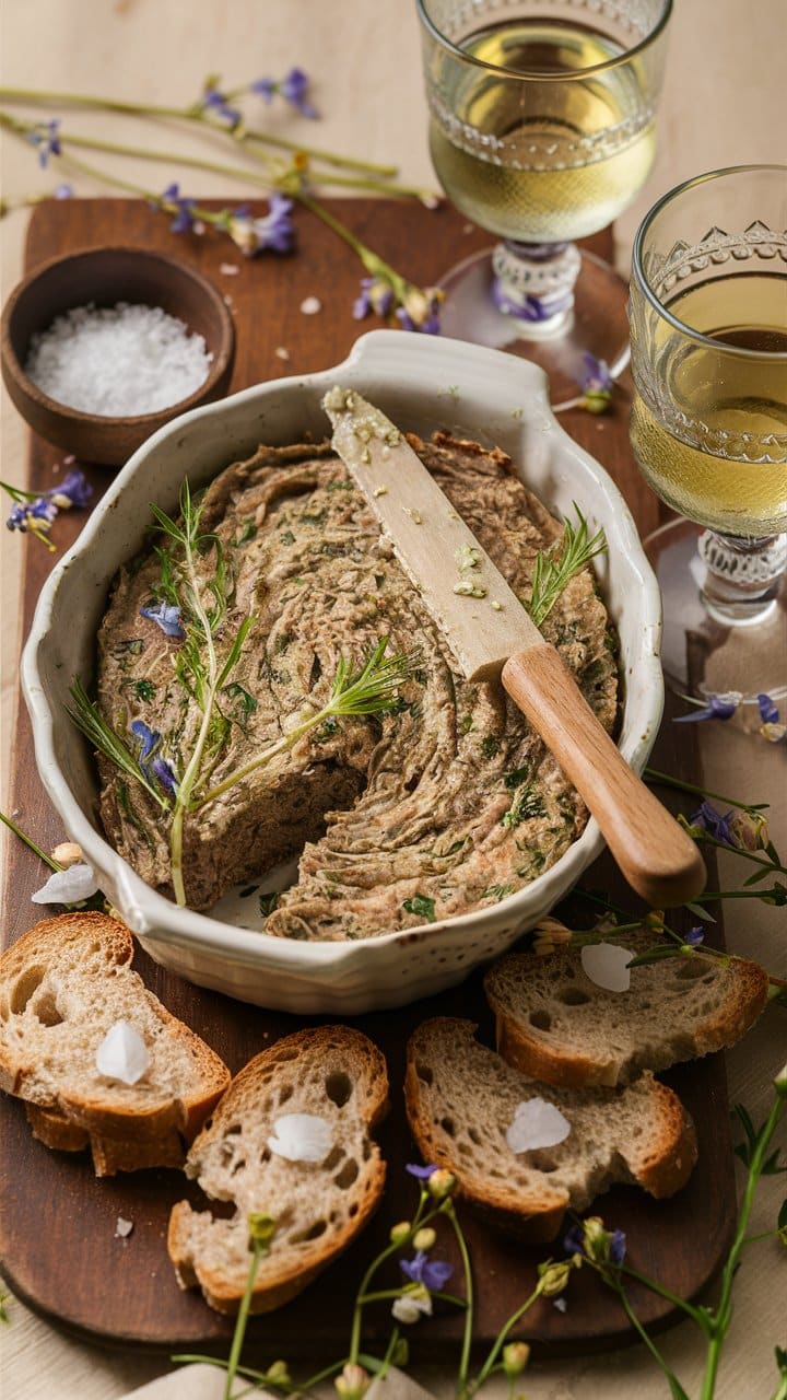 Pâté végétal avec pain et vin blanc