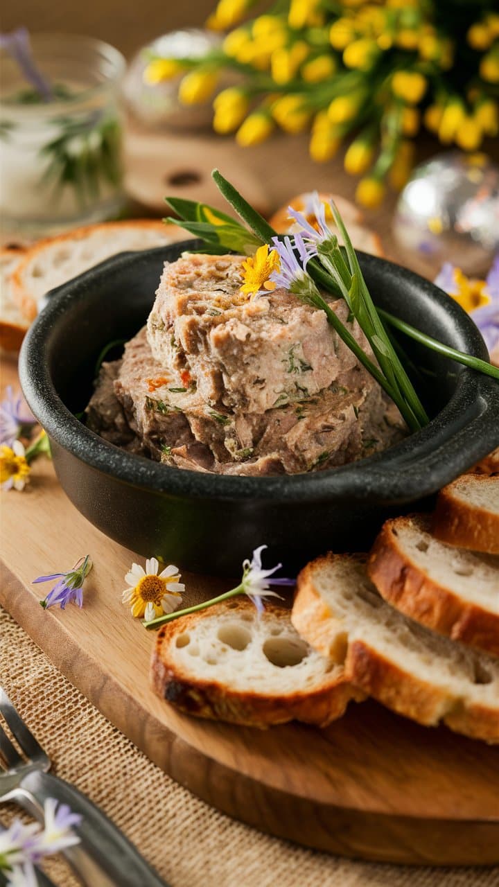 Pâté de viande avec pain et fleurs décoratives.