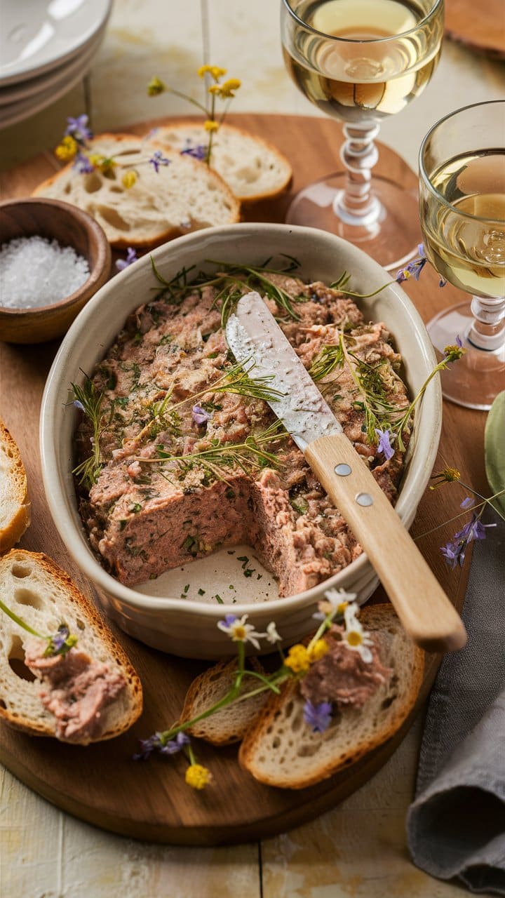 Terrine rustique avec vin et pain.