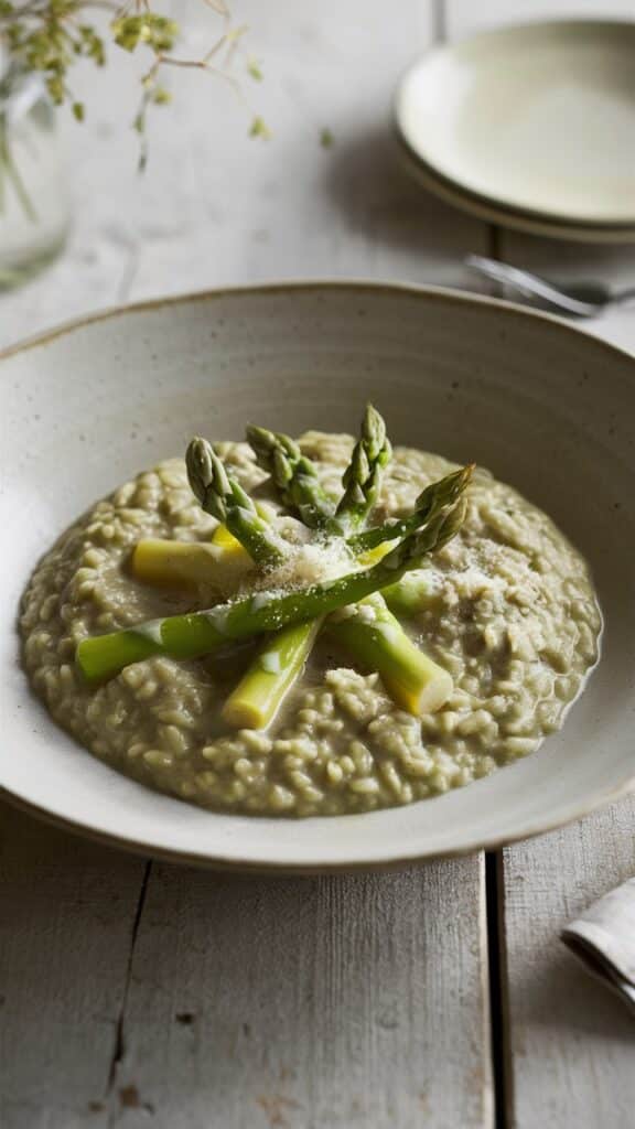 Risotto aux asperges dans une assiette.