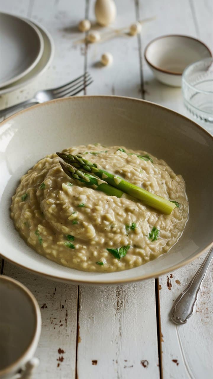 Risotto crémeux aux asperges vertes dans une assiette.