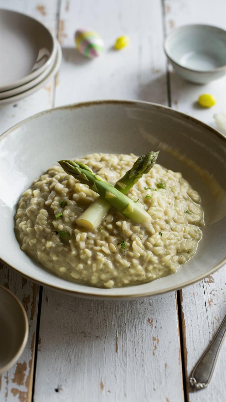 Risotto crémeux aux asperges dans une assiette.