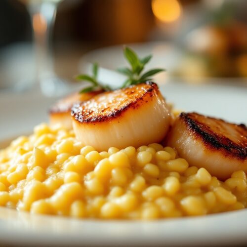 Risotto crémeux avec noix de Saint-Jacques grillées.
