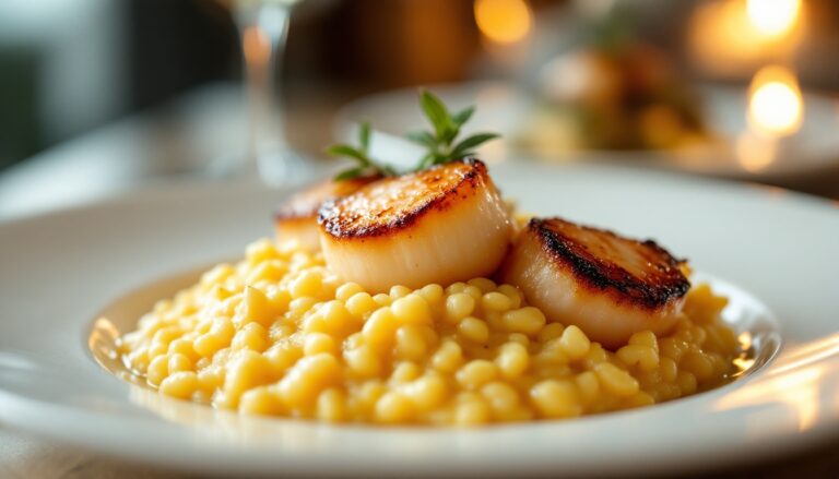 Risotto crémeux avec noix de Saint-Jacques grillées.