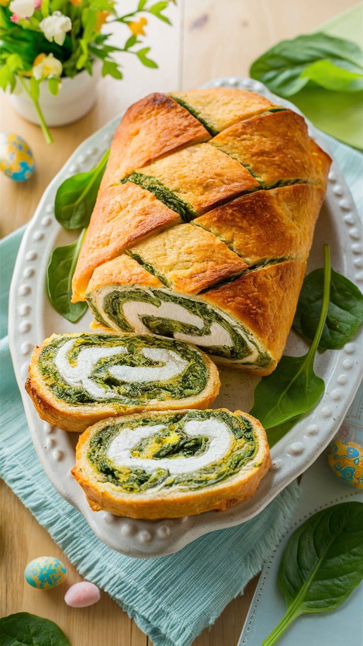 Pain roulé aux épinards et fromage sur assiette.