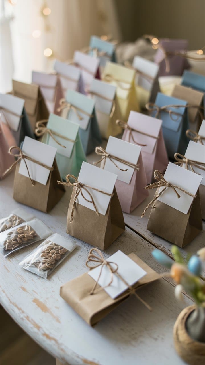 Petits sacs cadeaux en papier sur une table.