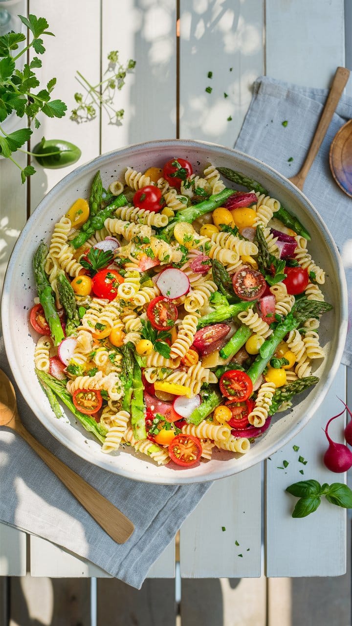Salade de pâtes aux légumes colorés sur table.