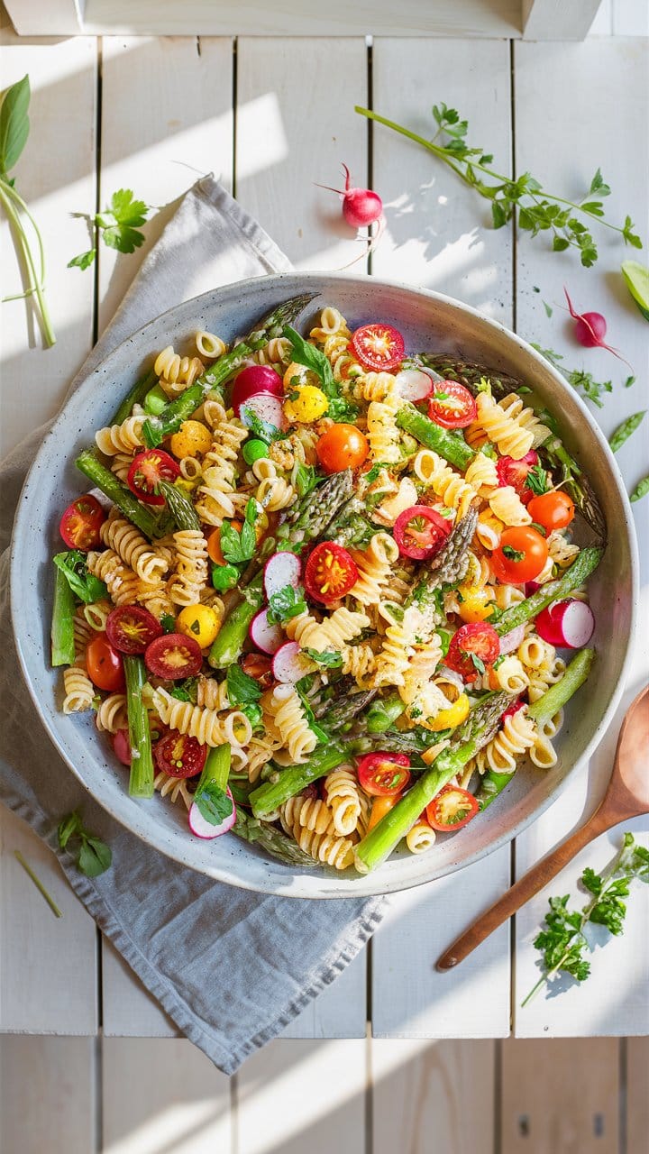 Salade de pâtes avec légumes colorés.