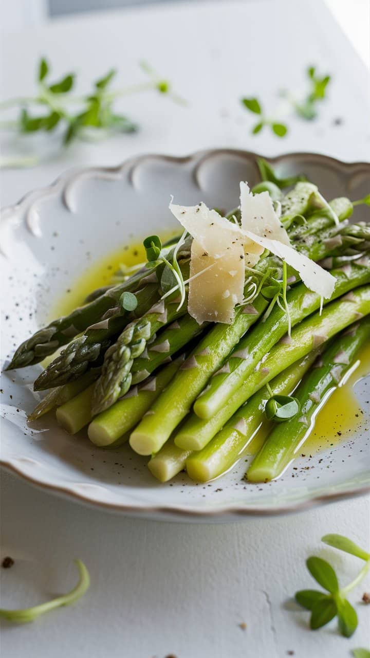 Assiette d'asperges avec copeaux de parmesan.