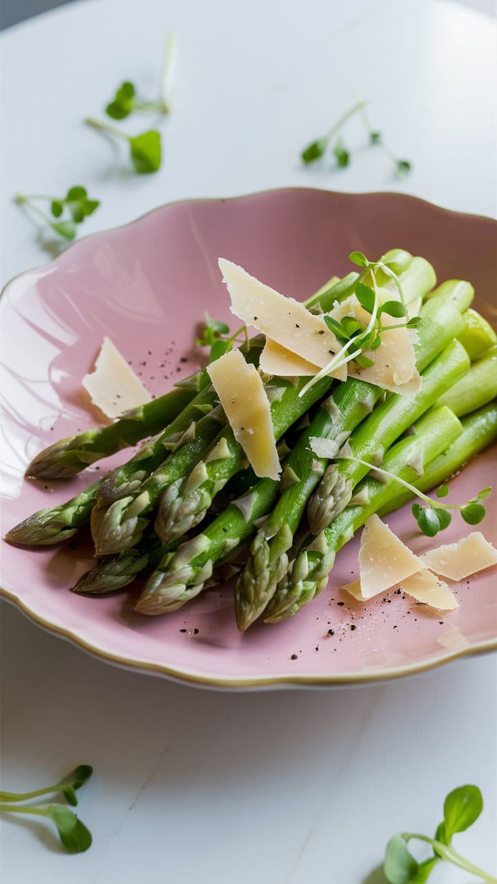 Asperges garnies de copeaux de parmesan.