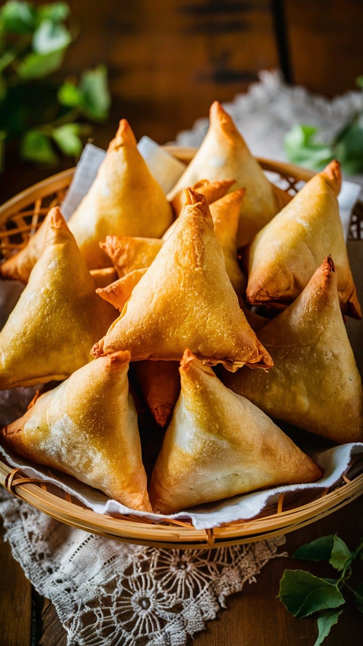 Samosas dorés, présentés dans un panier.