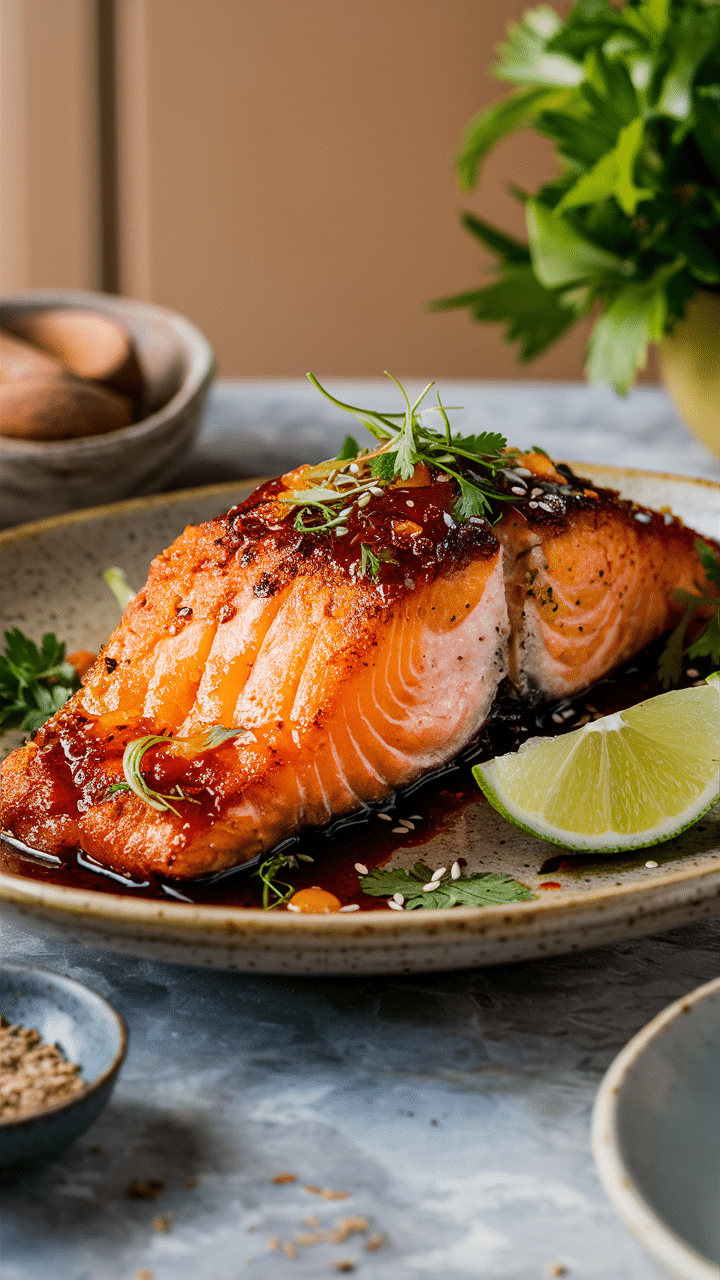 Saumon grillé avec herbes et citron vert.
