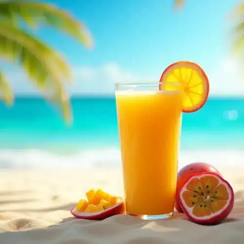 Jus d'orange sur plage paradisiaque avec océan