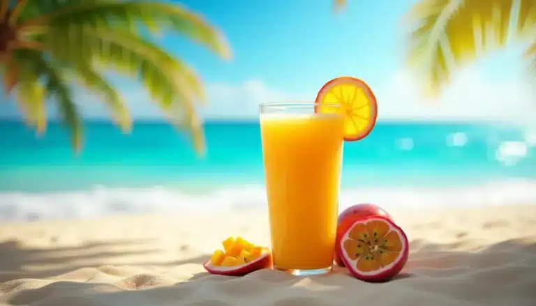 Jus d'orange sur plage paradisiaque avec océan