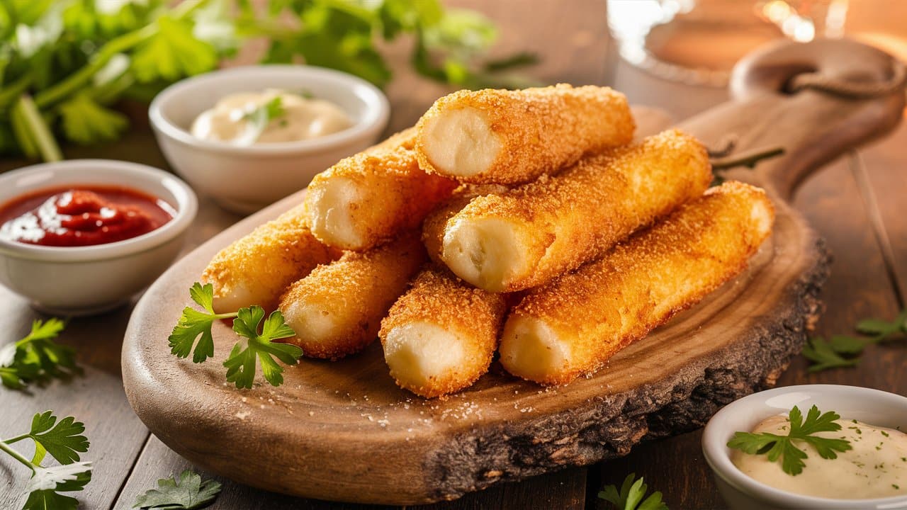 Bâtonnets de mozzarella frits sur planche en bois.