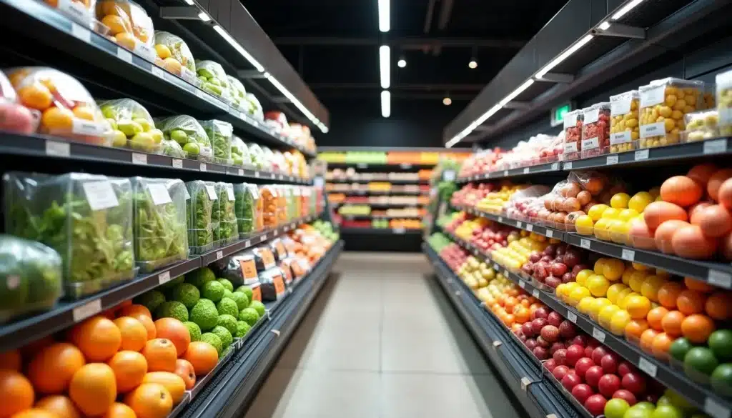 Rayons de fruits et légumes dans un supermarché