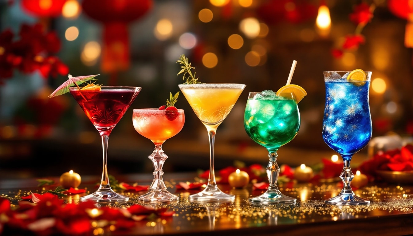 Cinq cocktails colorés sur une table festive.