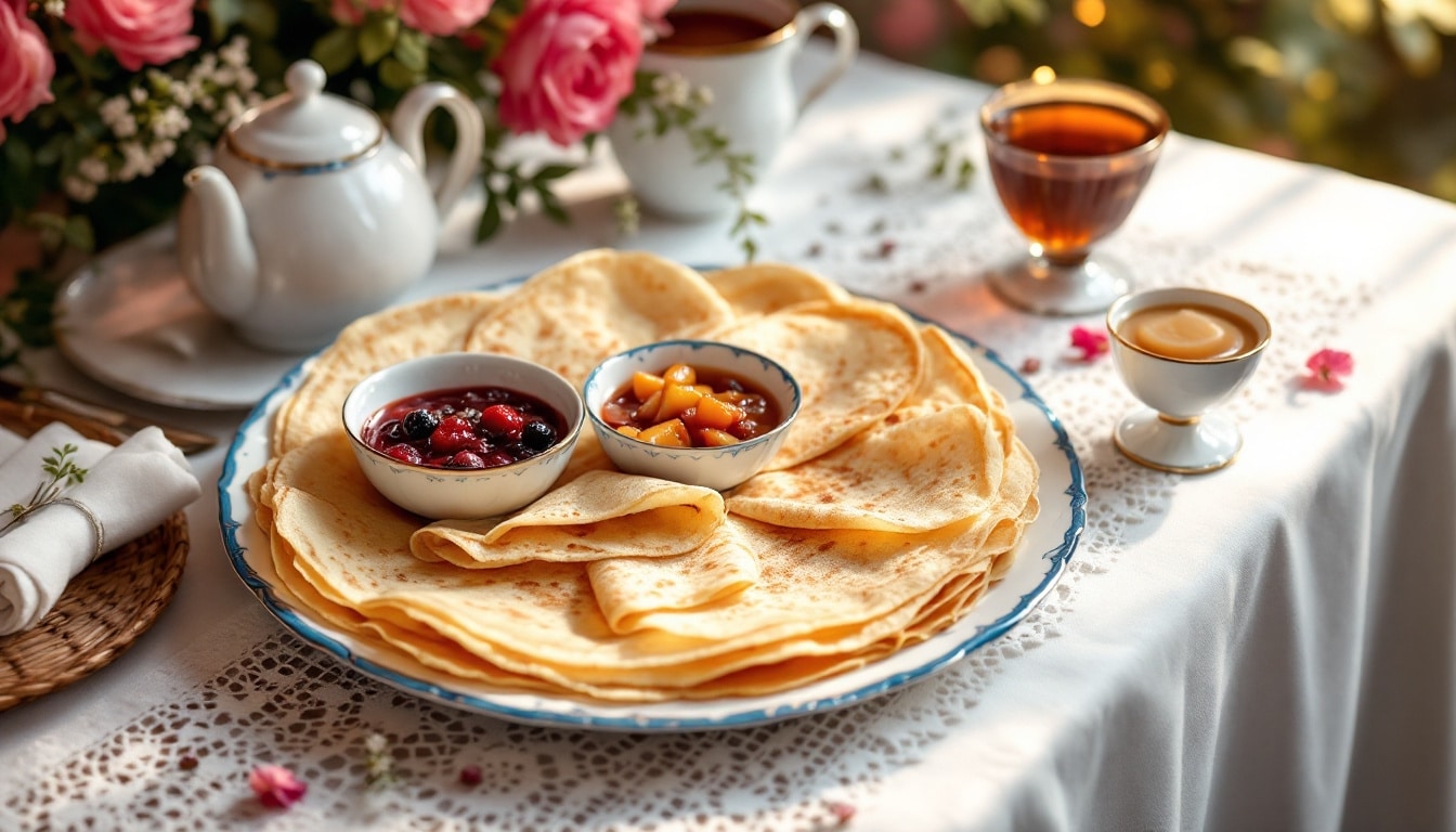 Crêpes avec confitures sur table fleurie.
