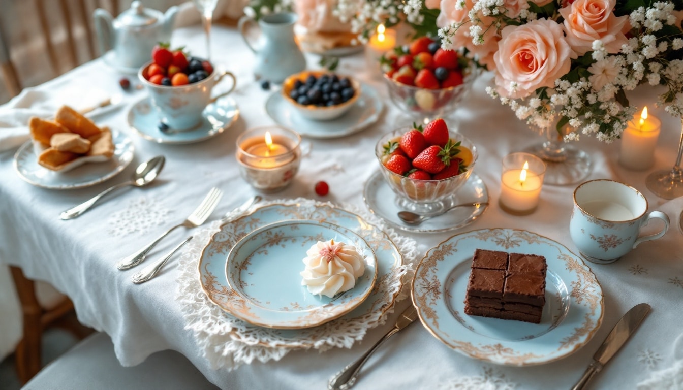 Table élégante avec desserts et fleurs.