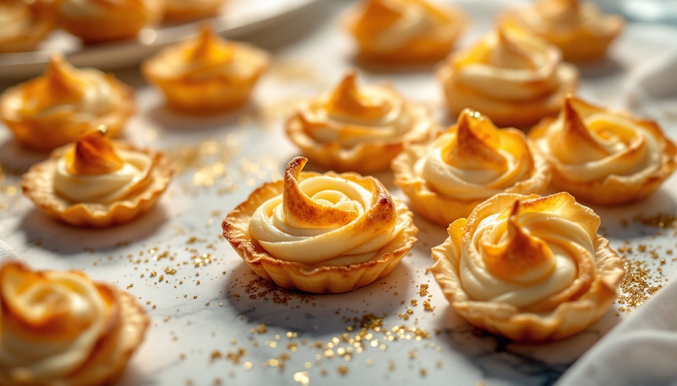 Petits gâteaux meringués dorés sur table décorée.