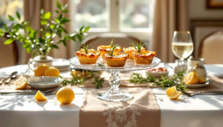 Table dressée avec tartelettes et citrons.