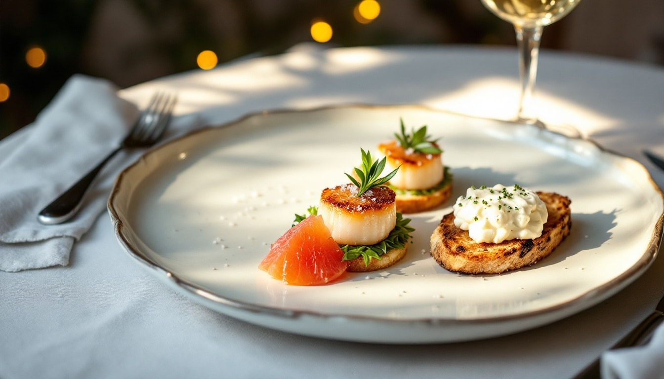 Coquilles Saint-Jacques avec agrumes et toast.