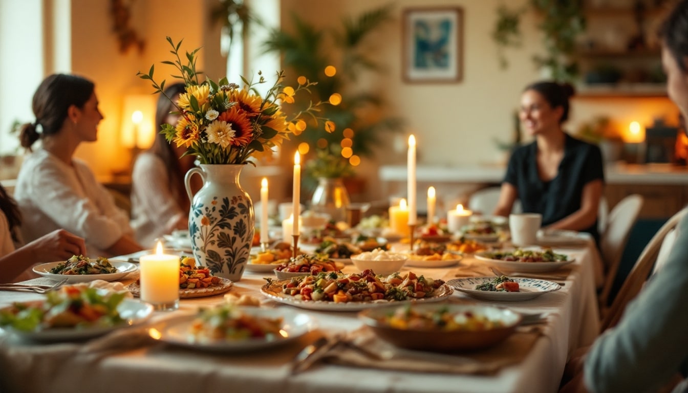 Dîner convivial avec bougies et fleurs sur table dressée.