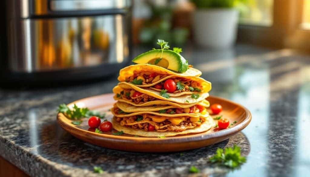 Tacos empilés garnis de légumes et avocat.