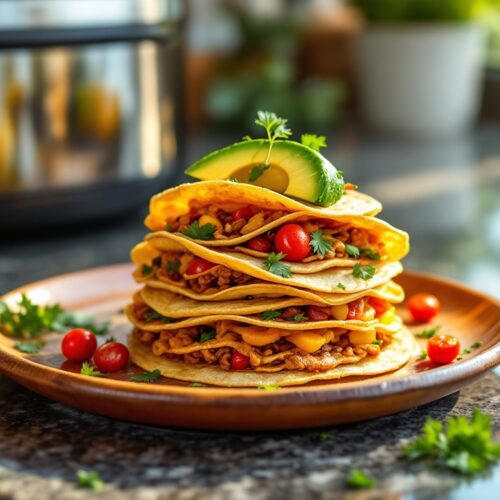 Tacos empilés garnis de légumes et avocat.