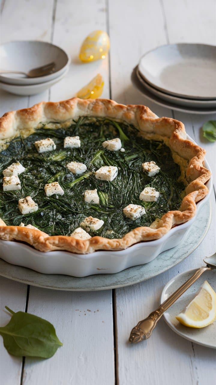 Tarte épinards feta dans plat blanc sur table.