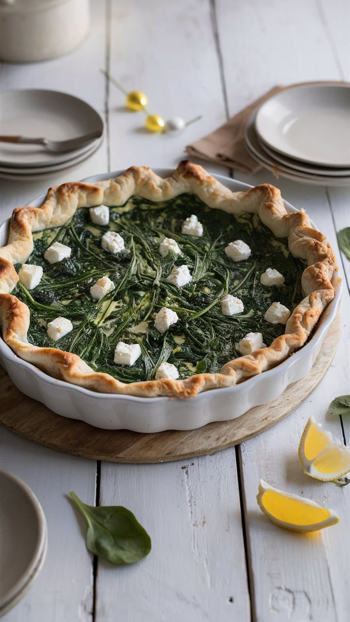 Quiche épinards feta sur table blanche