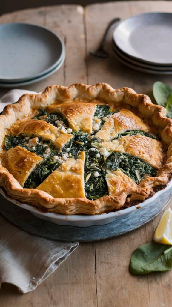 Quiche aux épinards et fromage sur une table.