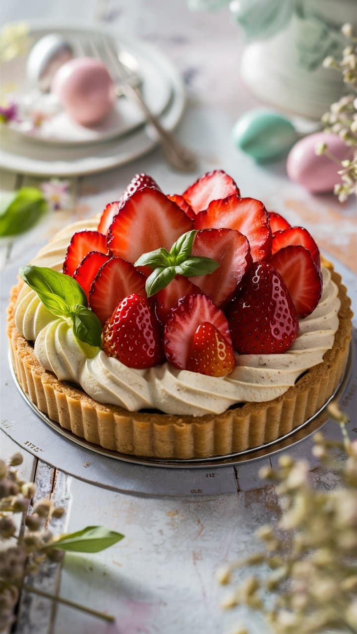 Tarte aux fraises avec crème chantilly, basilic décoratif.