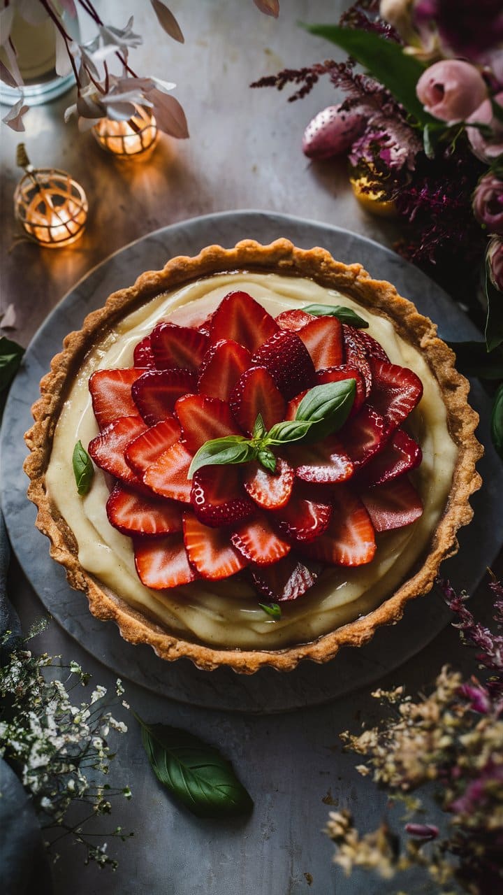 Tarte aux fraises sur table décorée.
