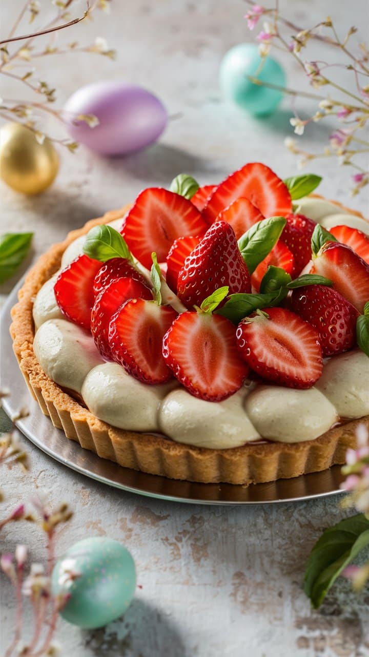 Tarte aux fraises avec crème et basilic.