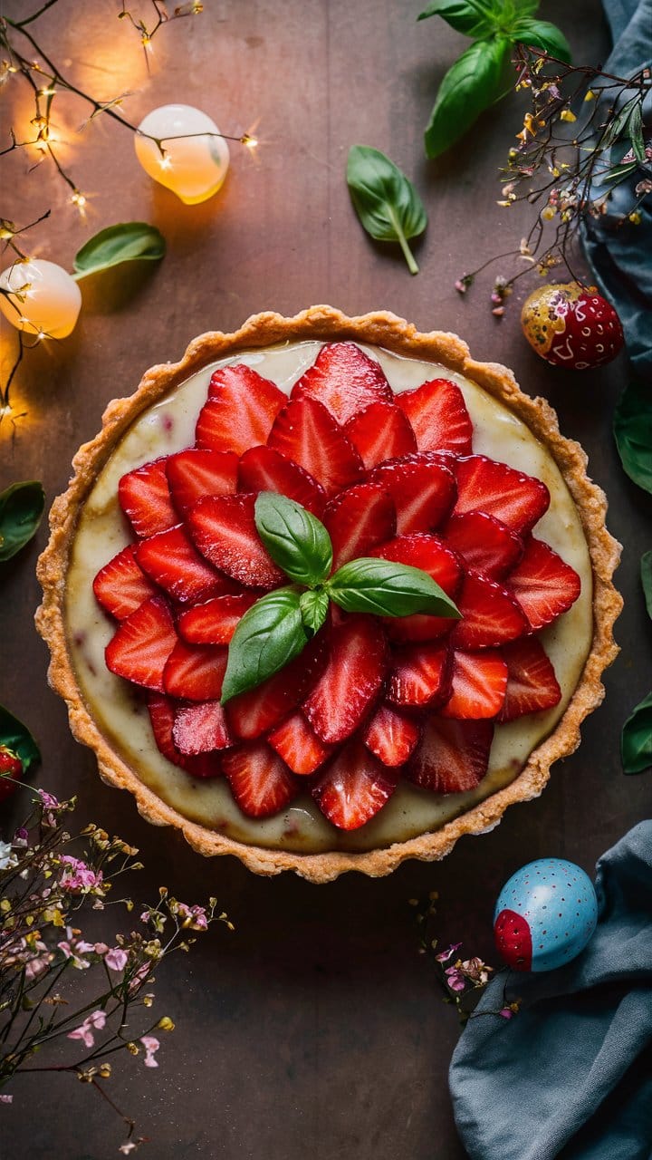 Tarte aux fraises avec basilic décoratif.