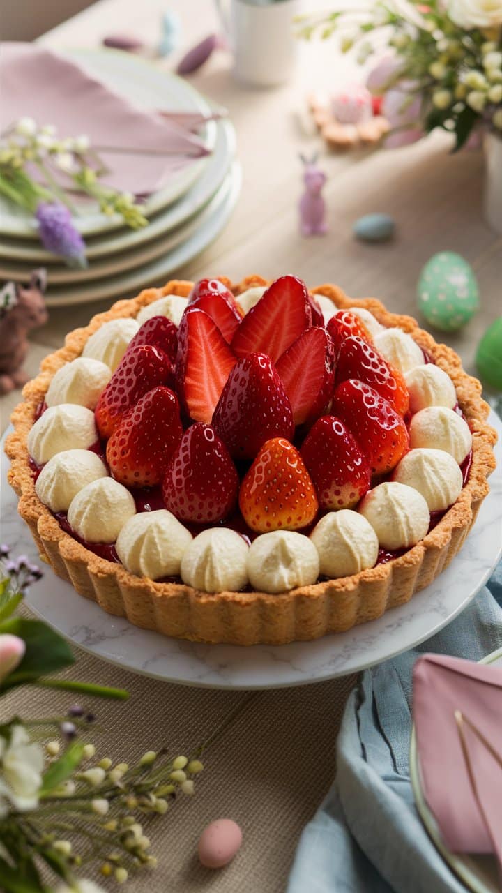 Tarte aux fraises sur table décorée de Pâques.