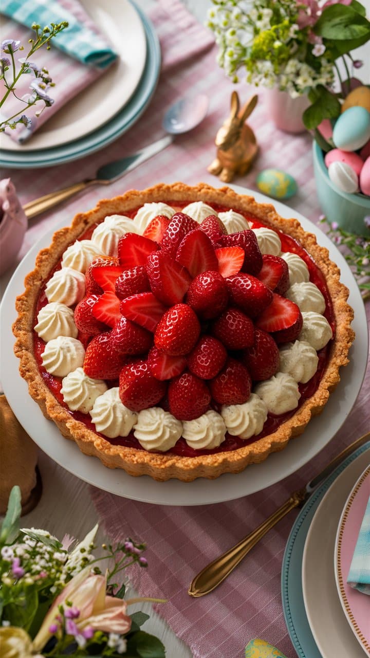Tarte aux fraises et chantilly sur table printanière.