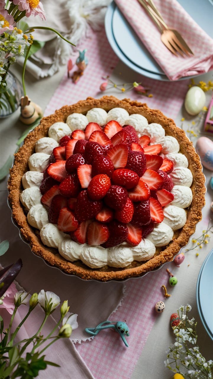 Tarte aux fraises sur une table printanière.