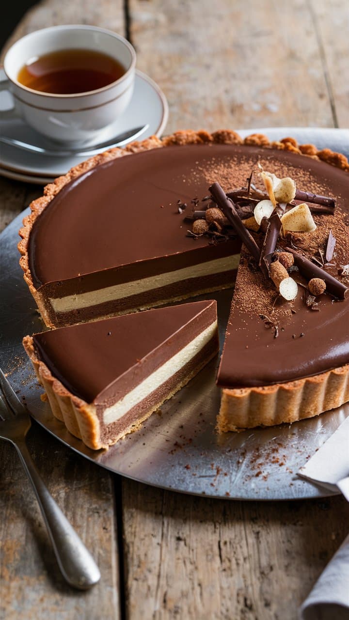 Tarte au chocolat et thé sur table en bois.