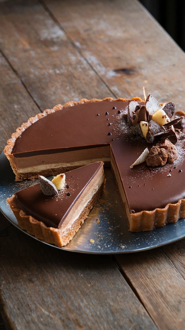 Tarte au chocolat avec décorations crémeuses.
